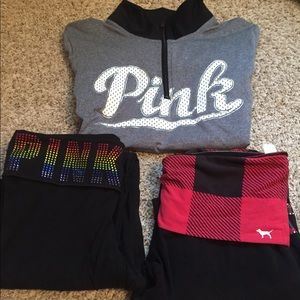 Pink- Jacket is partial zip up and two yoga pants.